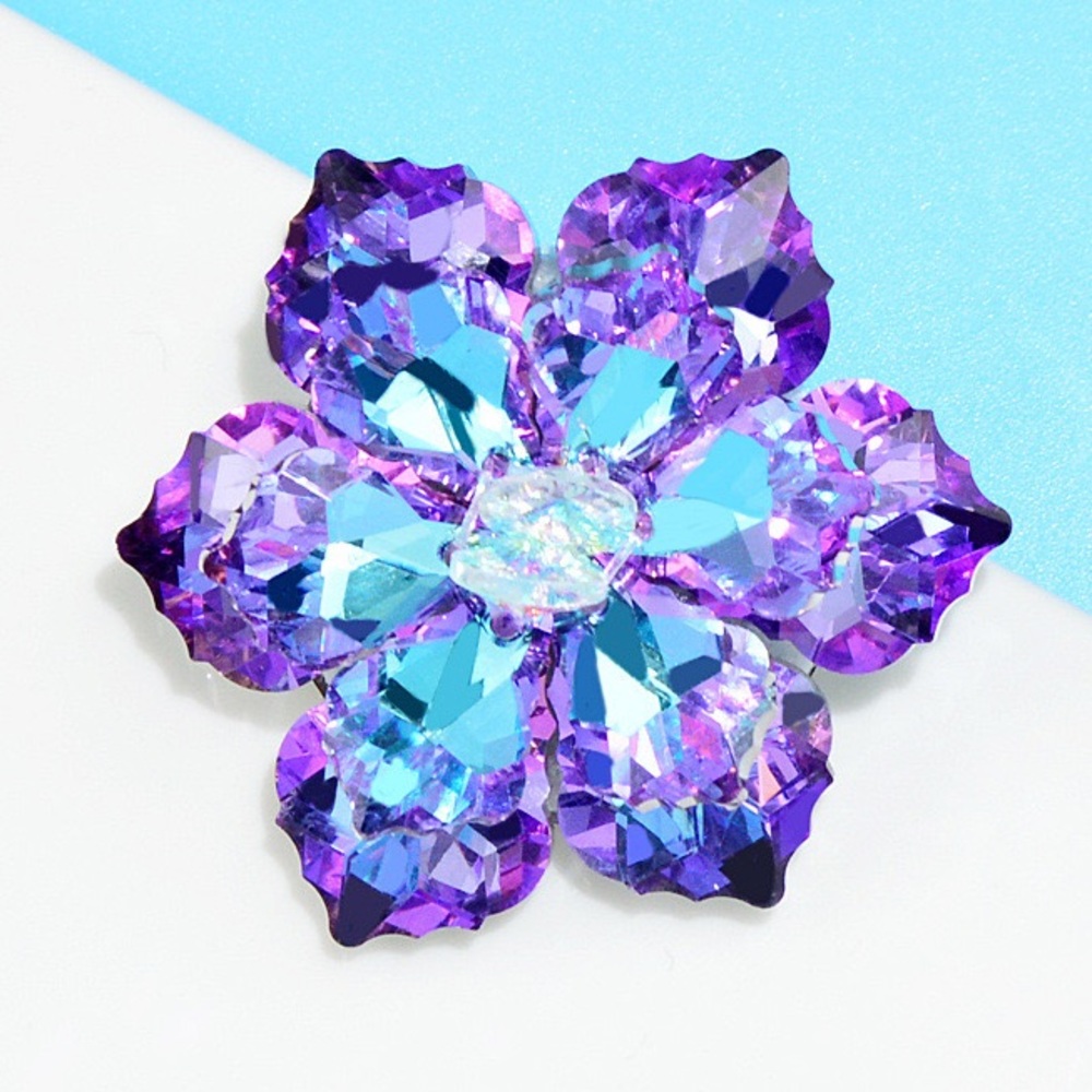 Iridescent Crystal Flower Brooch Purple Blue Aurora Rhinestone Floral Statement